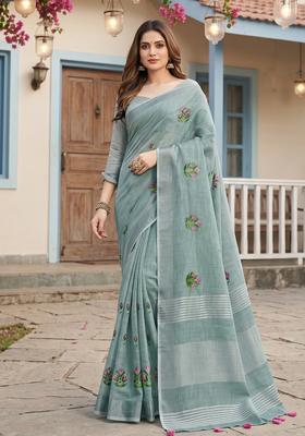 Sea Green Embroidery Cotton Saree Set