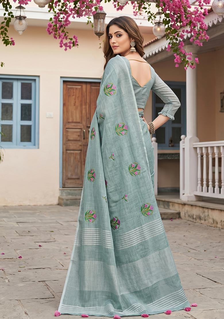 Sea Green Embroidery Cotton Saree Set - Indya
