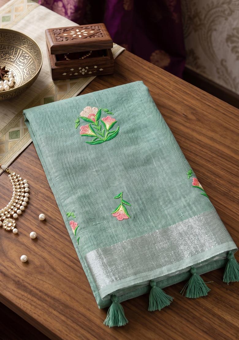 Sea Green Embroidery Cotton Saree Set - Indya