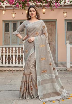 Beige Embroidery Cotton Saree Set