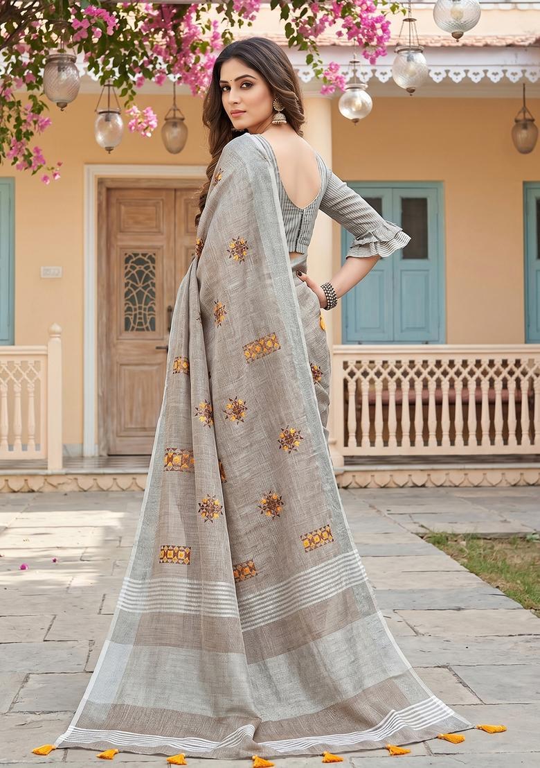 Beige Embroidery Cotton Saree Set - Indya