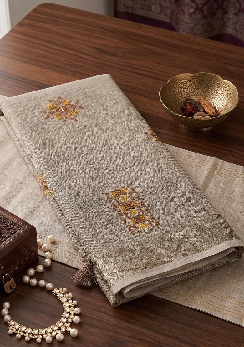 Beige Embroidery Cotton Saree Set - Indya