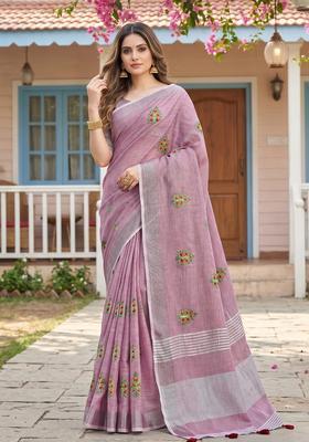 Purple Embroidery Cotton Saree Set