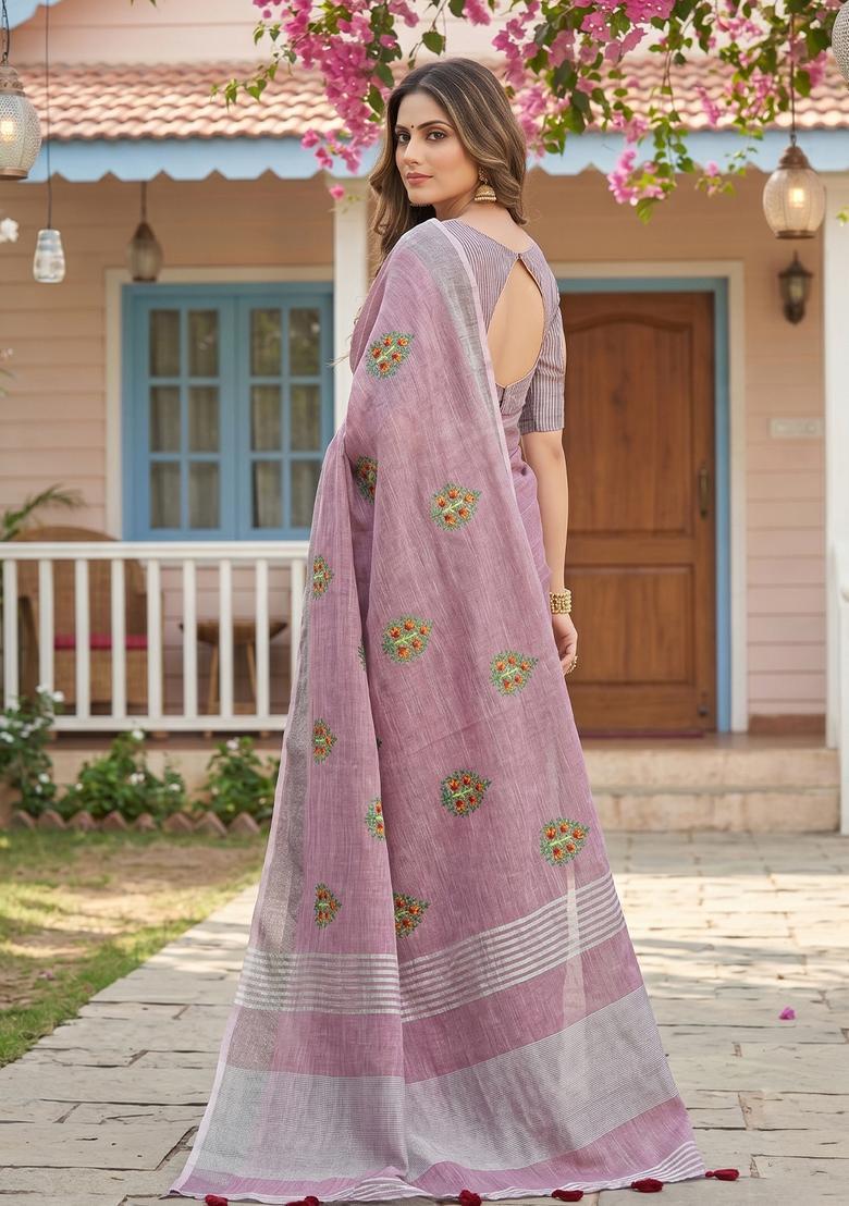 Purple Embroidery Cotton Saree Set - Indya