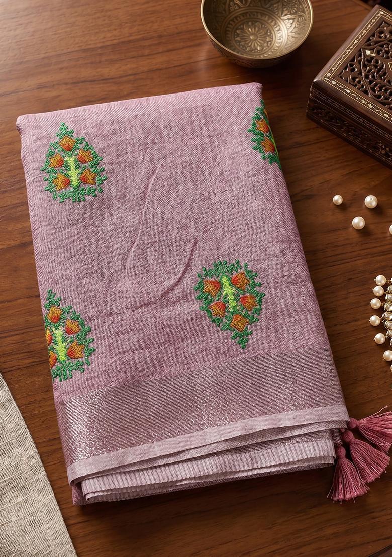 Purple Embroidery Cotton Saree Set - Indya