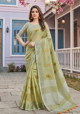 Green Embroidery Cotton Saree Set