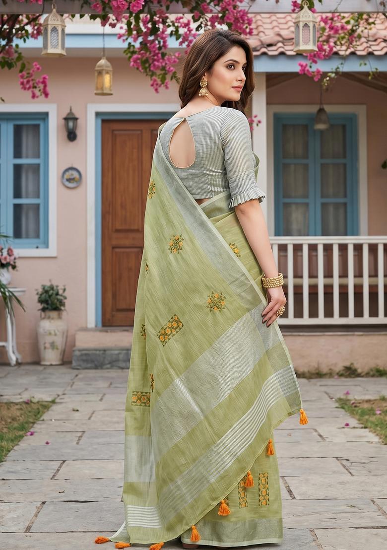 Green Embroidery Cotton Saree Set - Indya