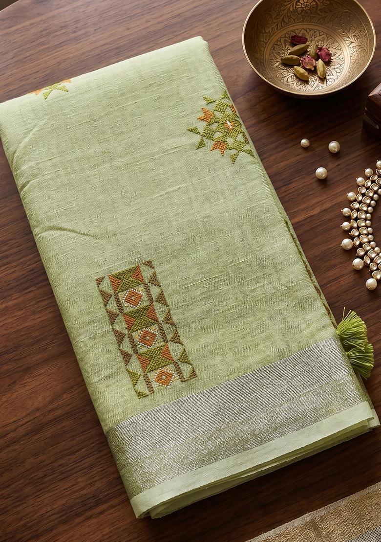 Green Embroidery Cotton Saree Set - Indya