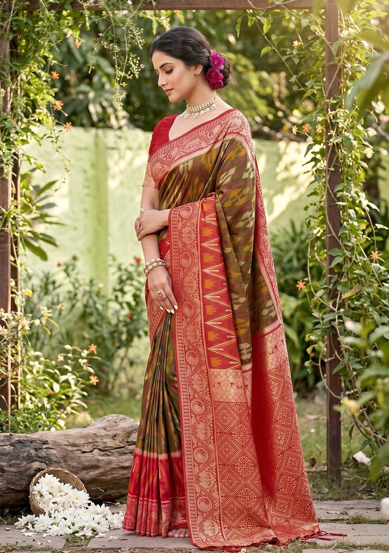 Green Zari Work Silk Saree Set - Indya