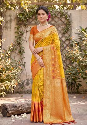 Yellow Zari Work Silk Saree Set