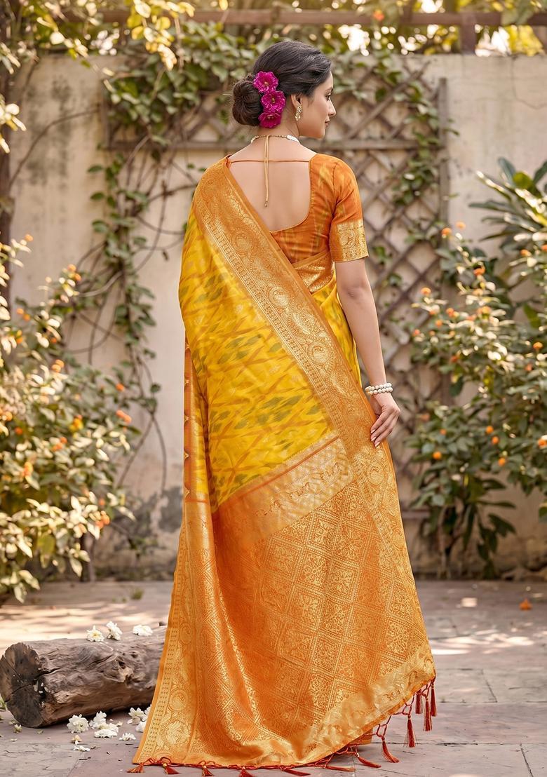 Yellow Zari Work Silk Saree Set - Indya