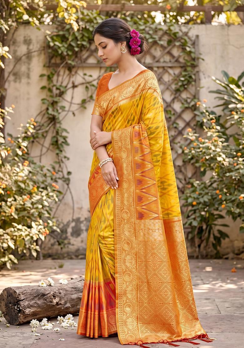 Yellow Zari Work Silk Saree Set - Indya