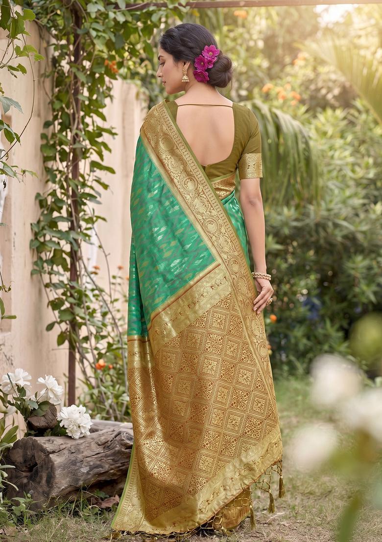 Green Zari Work Silk Saree Set - Indya