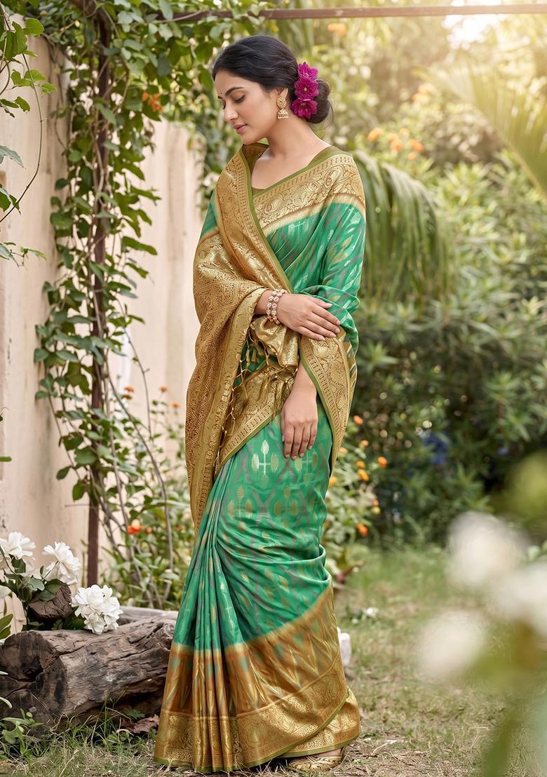 Green Zari Work Silk Saree Set - Indya