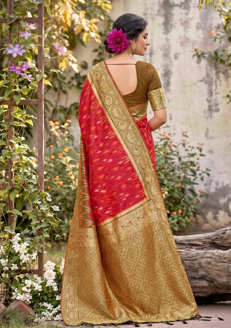 Red Zari Work Silk Saree Set - Indya