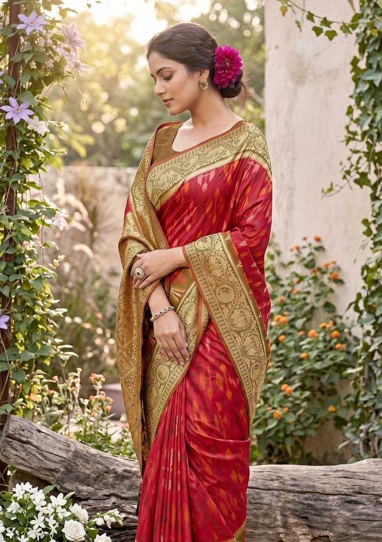 Red Zari Work Silk Saree Set - Indya