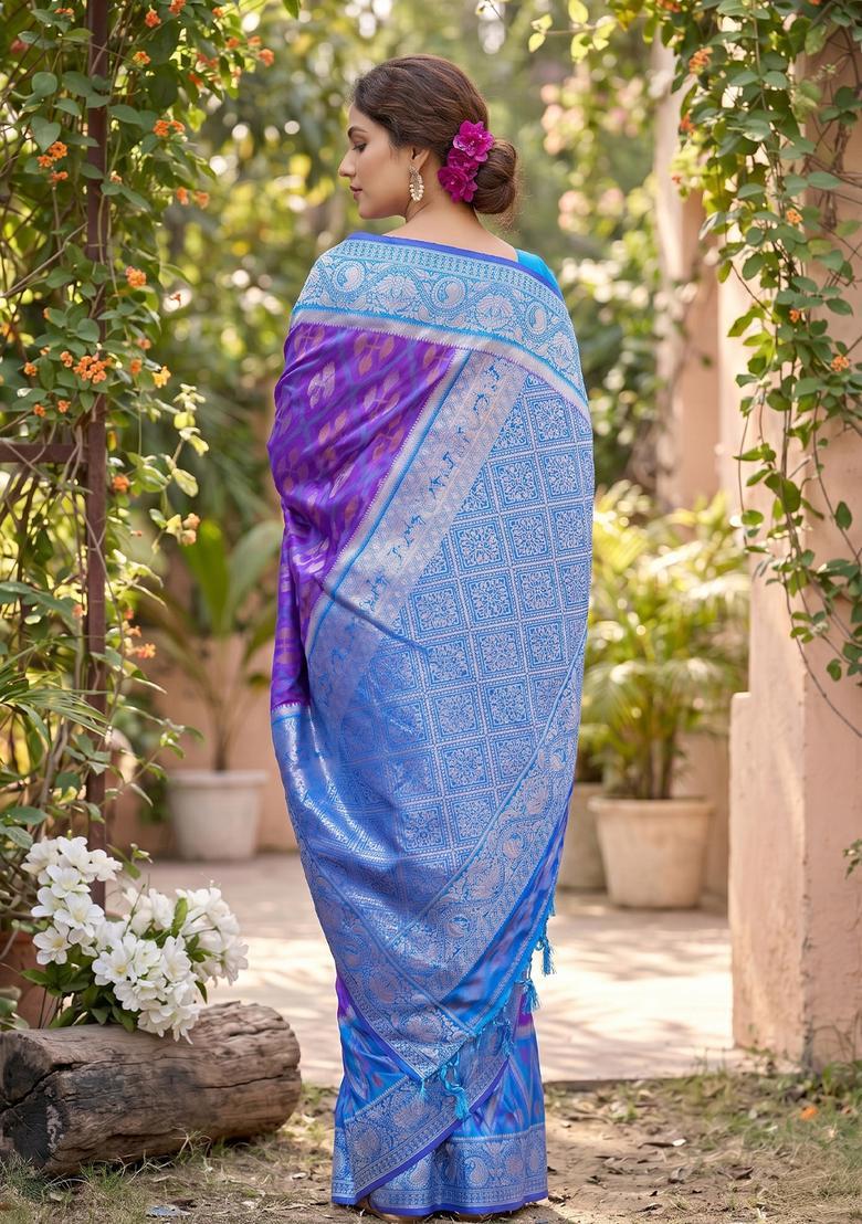 Purple Zari Work Silk Saree Set - Indya