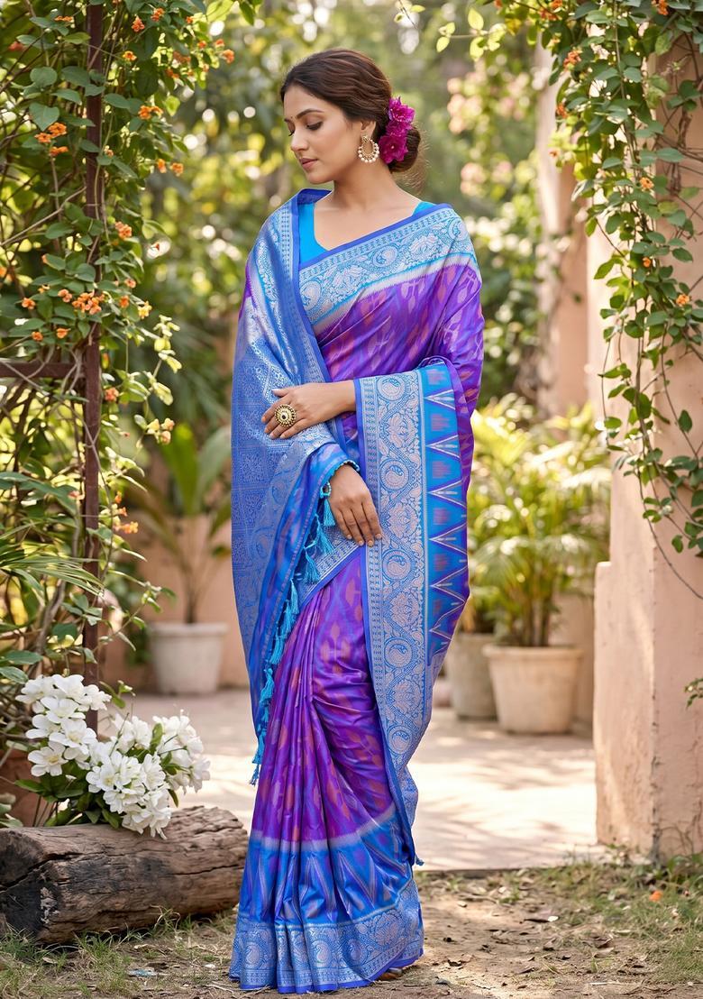 Purple Zari Work Silk Saree Set - Indya