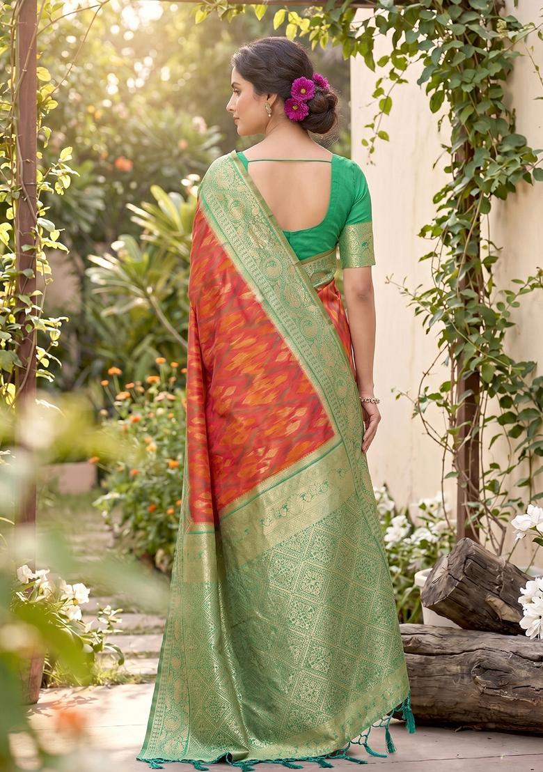 Mustard Zari Work Silk Saree Set - Indya