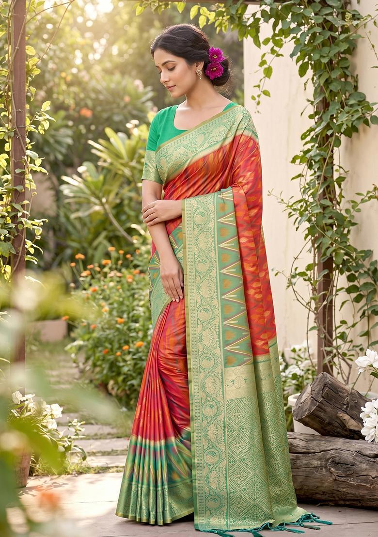 Mustard Zari Work Silk Saree Set - Indya