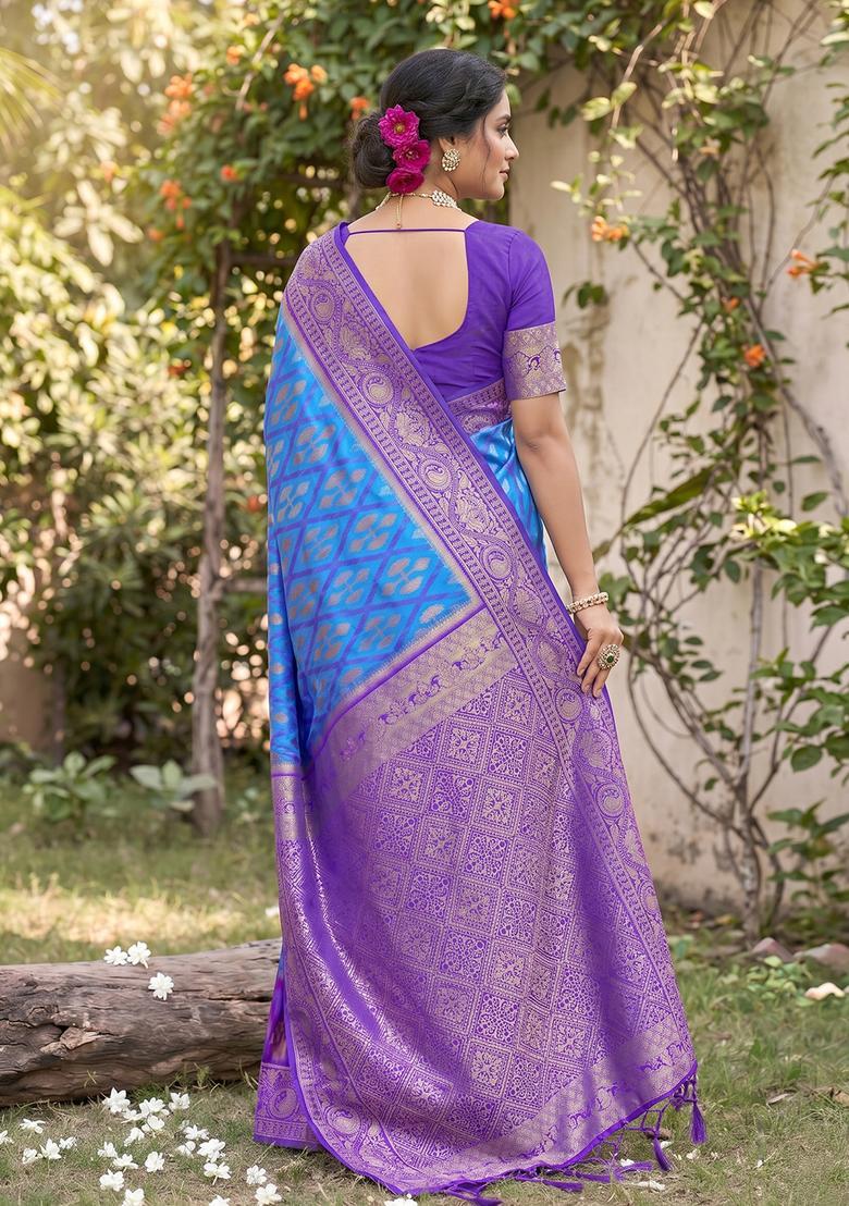 Sky Blue Zari Work Silk Saree Set - Indya
