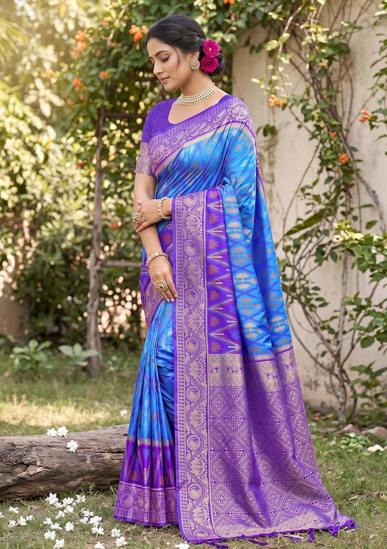Sky Blue Zari Work Silk Saree Set - Indya
