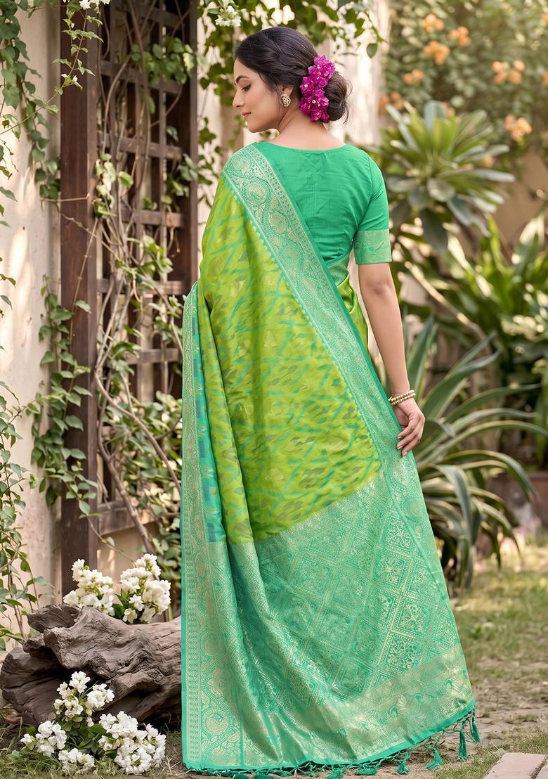 Green Zari Work Silk Saree Set - Indya