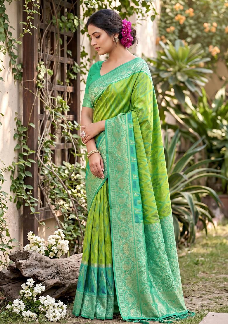 Green Zari Work Silk Saree Set - Indya