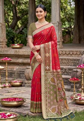 Red Zari Work Silk Saree Set