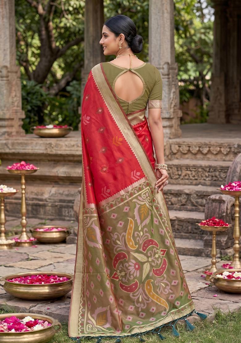 Red Zari Work Silk Saree Set - Indya