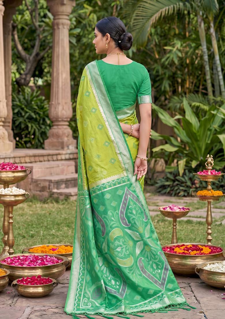 Green Zari Work Silk Saree Set - Indya