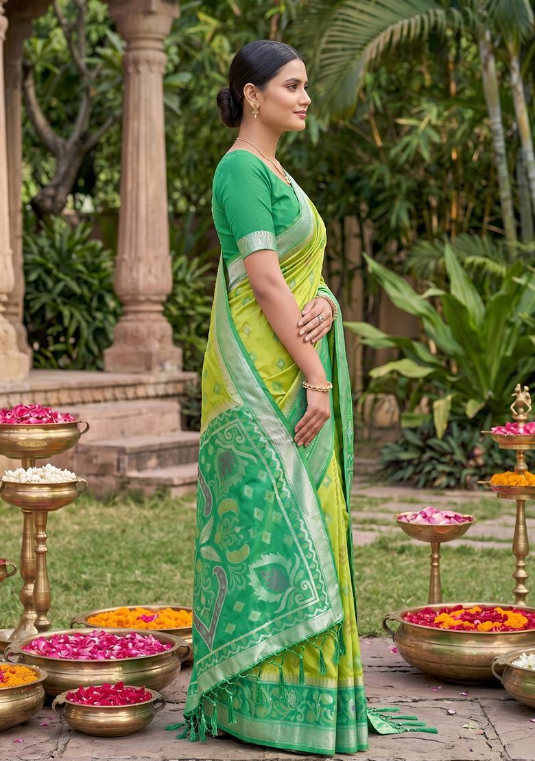 Green Zari Work Silk Saree Set - Indya