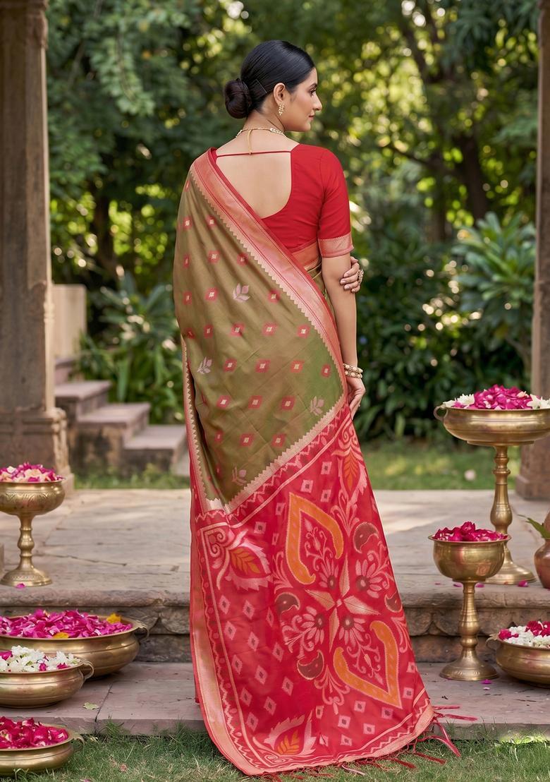 Green Zari Work Silk Saree Set - Indya