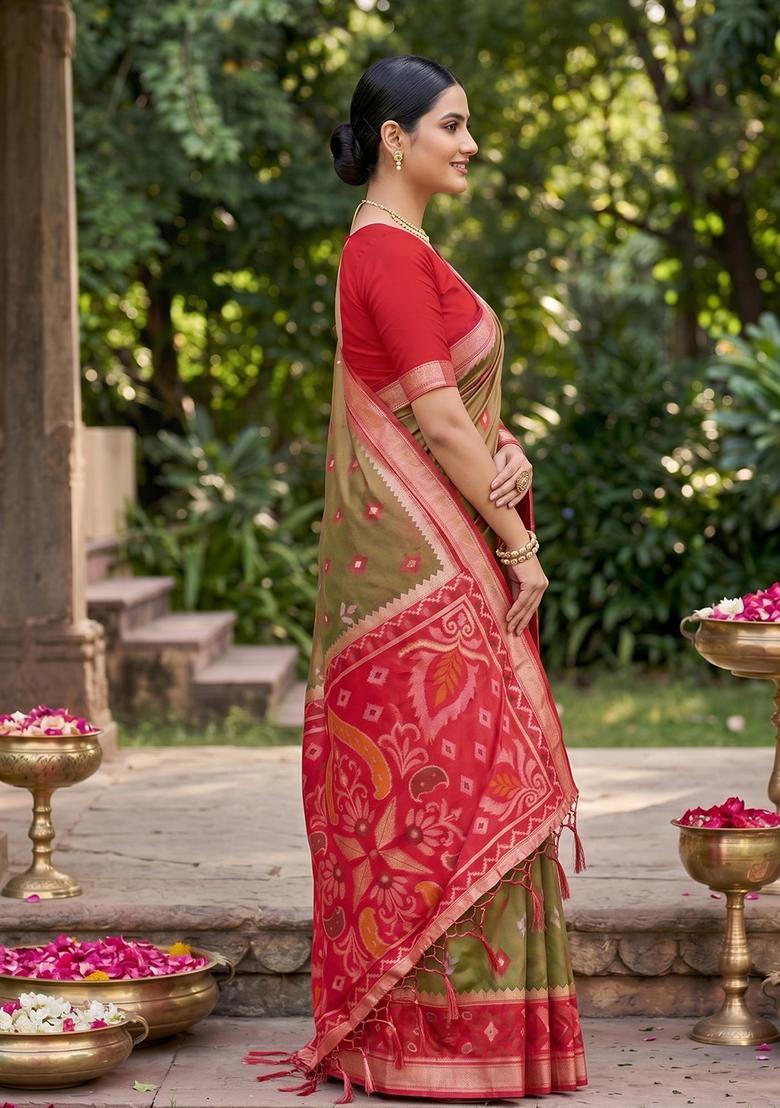 Green Zari Work Silk Saree Set - Indya