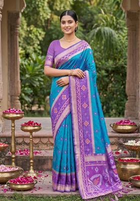 Teal Blue Zari Work Silk Saree Set