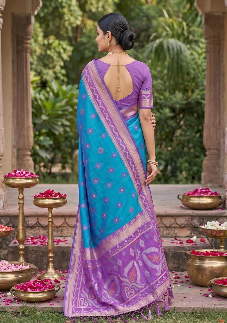 Teal Blue Zari Work Silk Saree Set - Indya