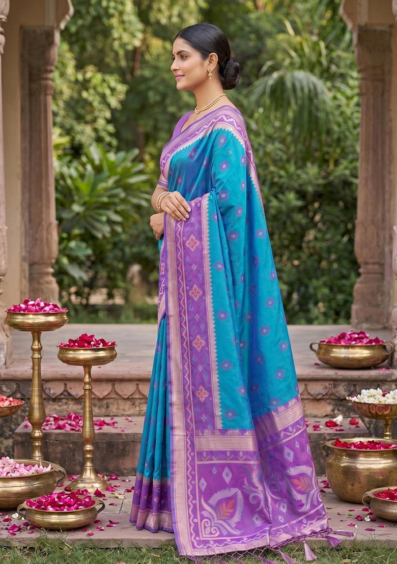 Teal Blue Zari Work Silk Saree Set - Indya