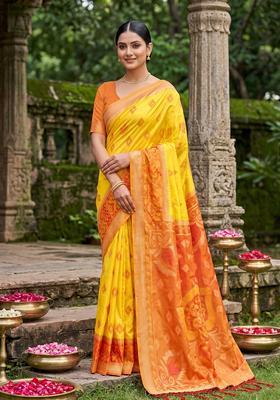 Yellow Zari Work Silk Saree Set