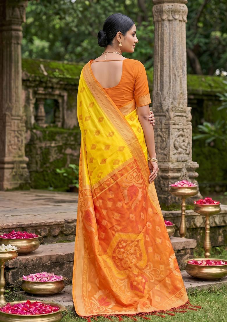 Yellow Zari Work Silk Saree Set - Indya
