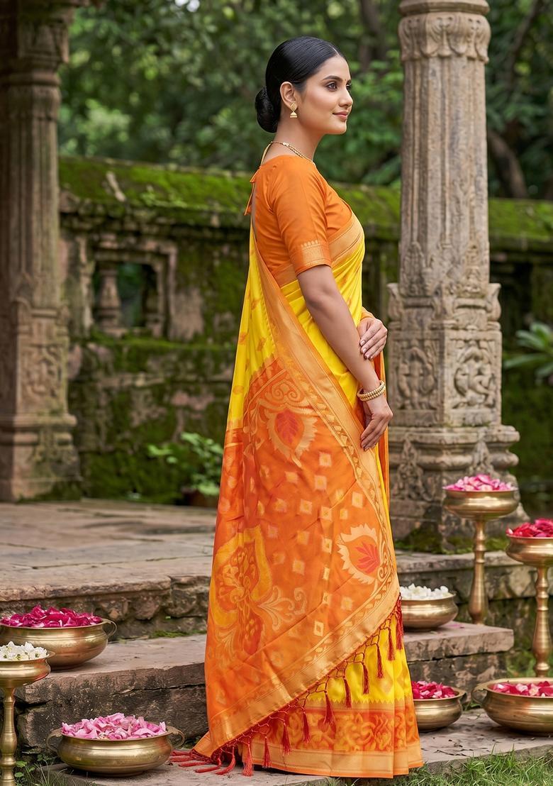 Yellow Zari Work Silk Saree Set - Indya