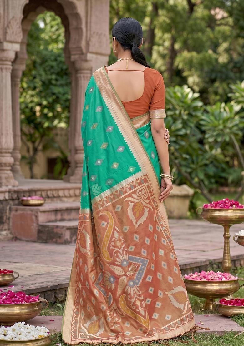 Green Zari Work Silk Saree Set - Indya
