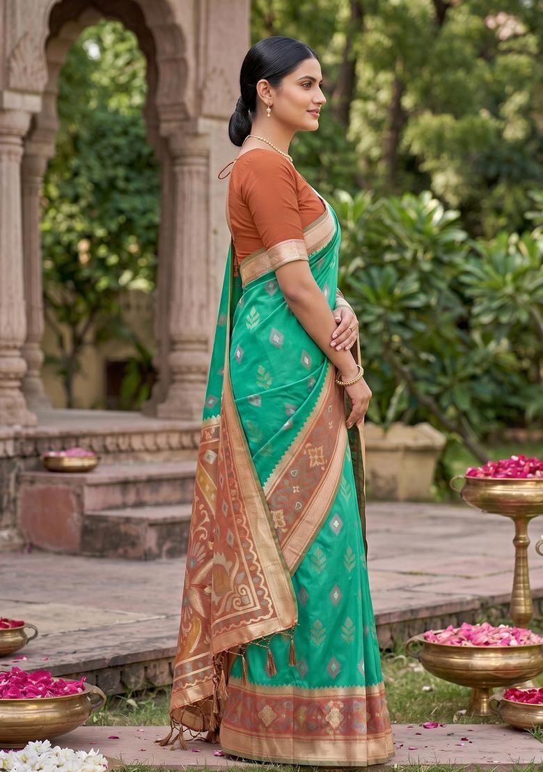 Green Zari Work Silk Saree Set - Indya