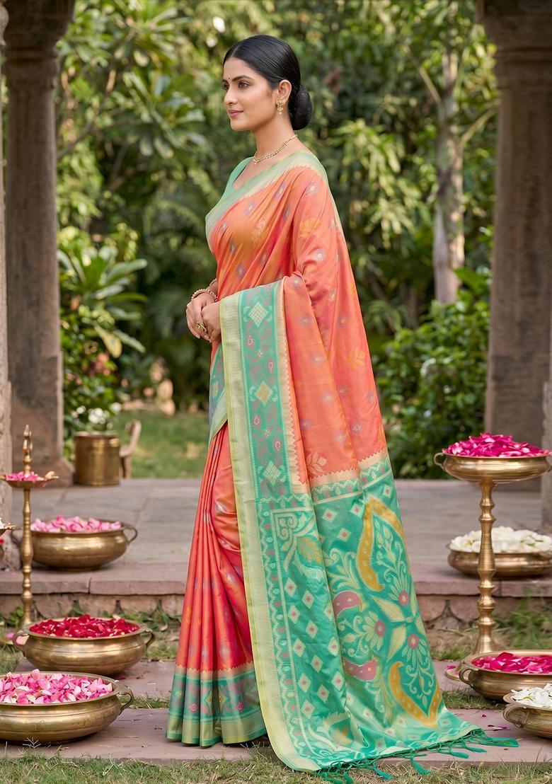 Mustard Zari Work Silk Saree Set - Indya