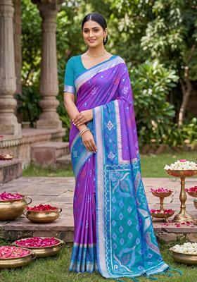 Purple Zari Work Silk Saree Set