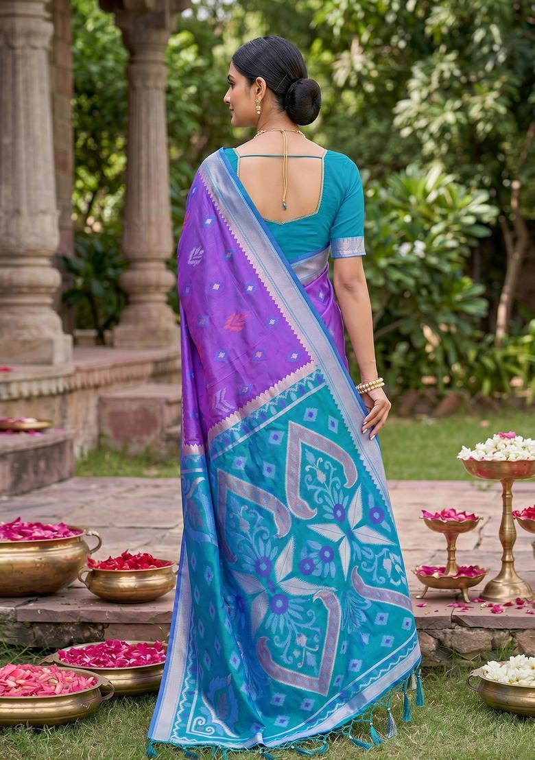 Purple Zari Work Silk Saree Set - Indya