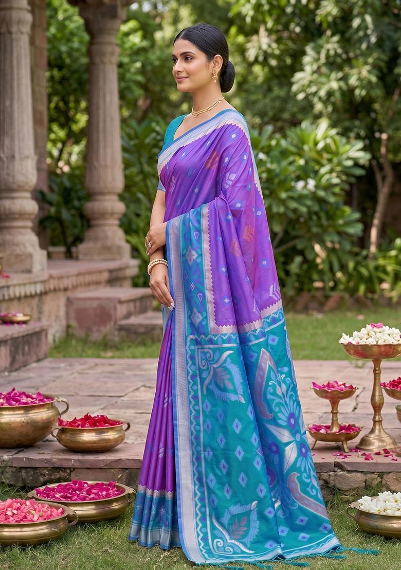 Purple Zari Work Silk Saree Set - Indya