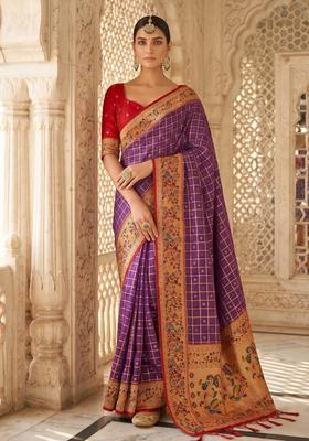 Purple Zari Work Silk Saree Set