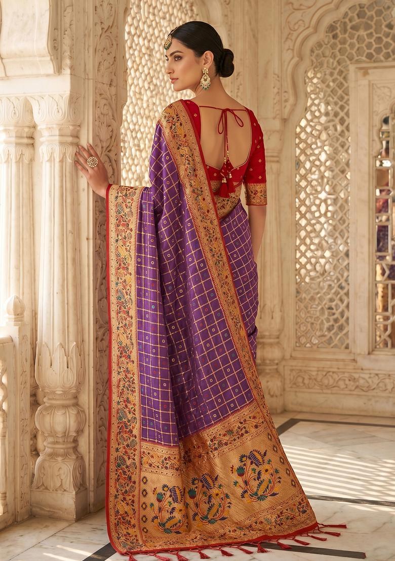 Purple Zari Work Silk Saree Set - Indya