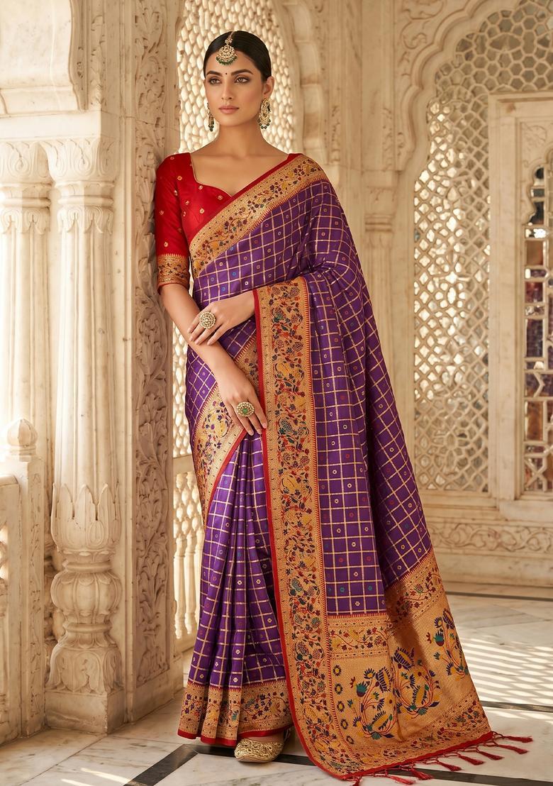 Purple Zari Work Silk Saree Set - Indya