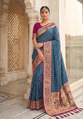 Blue Zari Work Silk Saree Set